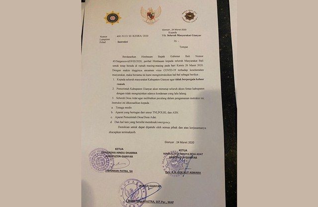 INSTRUKSI: Surat instruksi Bupati Gianyar bersama PHDI dan Majelis Desa Madya Desa Adat Gianyar yang dikeluarkan Selasa, 24 Maret 2020.. TEGAS! Bupati Gianyar Instruksikan Tutup Semua Jalan Saat Ngembak Geni