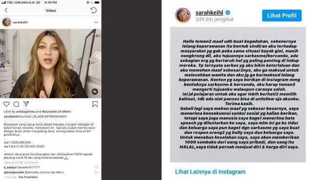 SCREENSHOOT: Screenshoot vido dan klarifikasi di akun instagram @sarahkeihl. Selebgram Lelang Keperawanan Rp 2 M Ngaku Khilaf