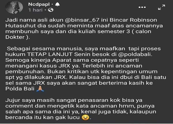 Screenshot postingan akun @binsar-67 yang dipublish istri JRX, Nora Alexandra jrx sid, dipenjara 14 bulan, nora alexandra, diancam dibunuh, media sosial, akun binsar, polda bali