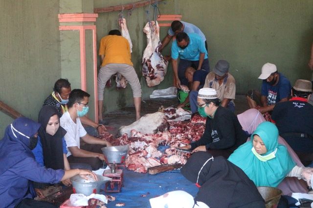KURBAN: Sejumlah panitia memotong hewan kurban di kantor PT Tunas Jaya Raya Abadi Group kemarin. TAM
