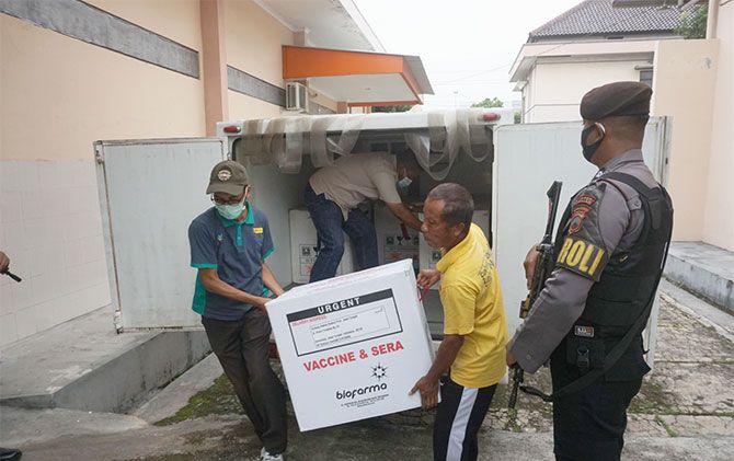 Vaksin Sinovac tiba di gudang farmasi milik Dinkes Klaten, Sabtu (23/1). Vaksin Sinovac tiba di gudang farmasi milik Dinkes Klaten, Sabtu (23/1).