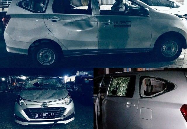 HANCUR DIRUSAK MASSA: Barang bukti mobil Sigra yang dihancurkan massa juga diamankan.